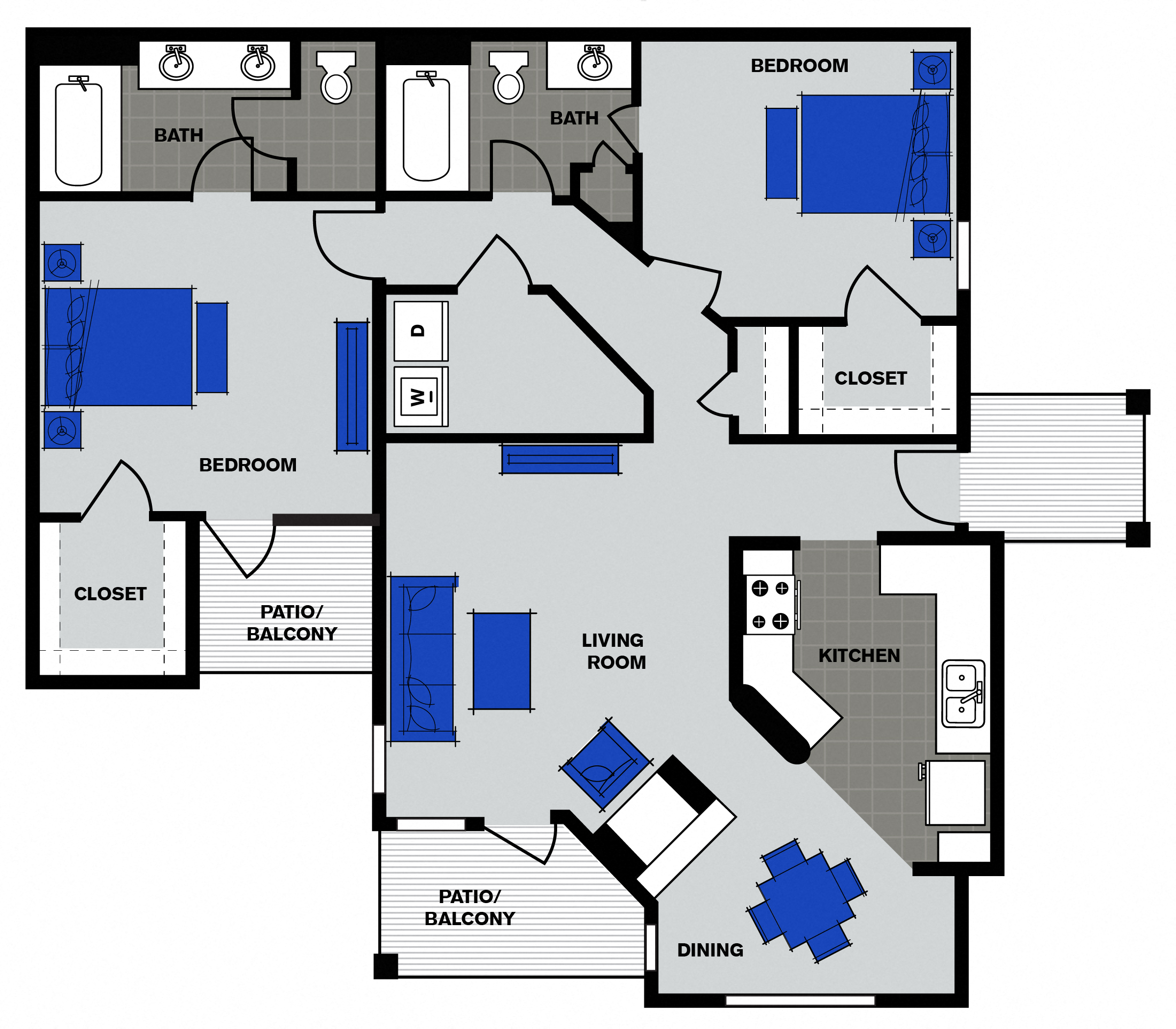 Floor plan for 2 beds, 2 baths, 1185 sqft